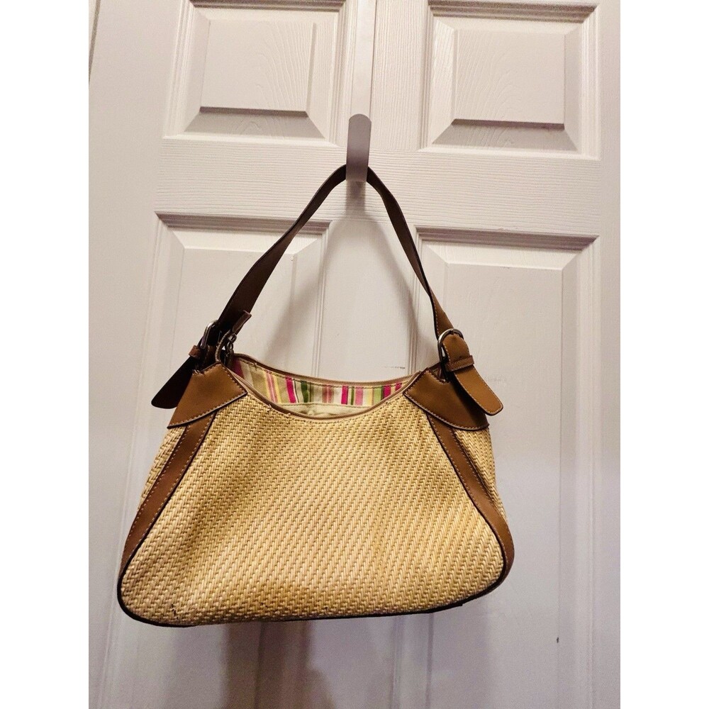 Fossil Straw Woven Hobo Shoulder Bag Brown Leather Trim Summer Handbag